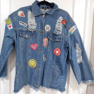 Distressed Denim Jacket with Patches